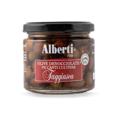 Olives dénoyautées Cultivar Taggiasca à l'huile d'olive extra vierge au piment Linea 1986 Alberti - 170 gr Excellence de la Ligurie