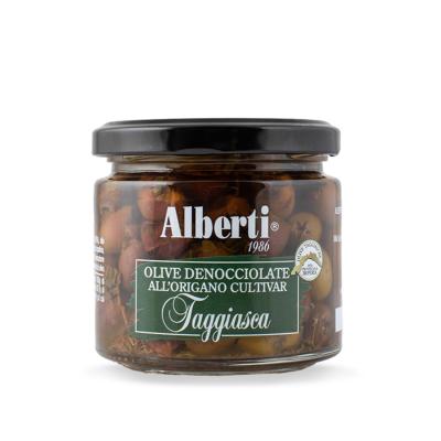 Olives dénoyautées Cultivar Taggiasca à l'huile d'olive extra vierge à l'origan Linea 1986 Alberti - 170 gr Excellence de la Ligurie